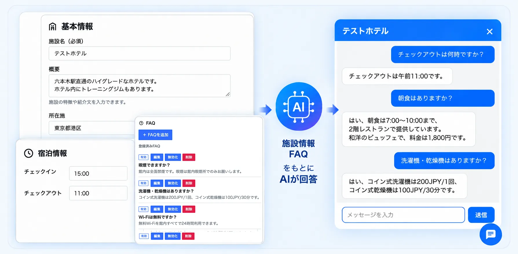 施設情報をもとにAIが回答するAIコンシェルジュ画面