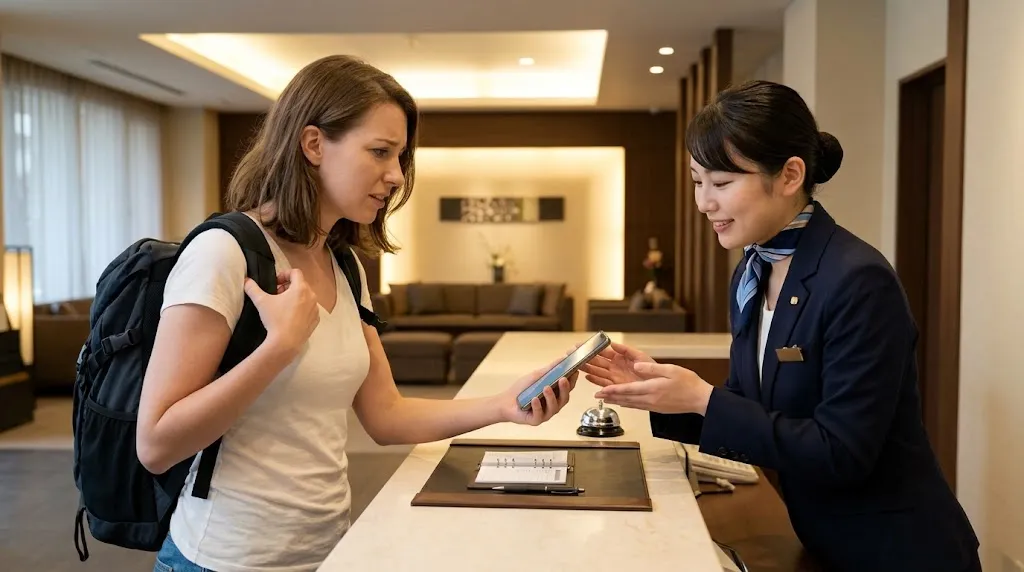 ホテルのフロントでスマートフォンを使ってスタッフと会話する外国人旅行者
