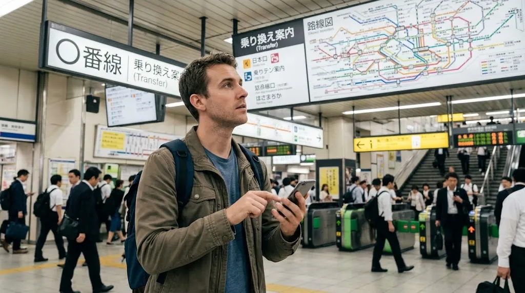 日本の駅で路線図とスマートフォンを確認する外国人旅行者
