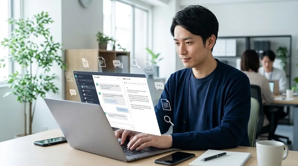 生成AIを使って文書作成や情報収集を行うビジネスパーソン