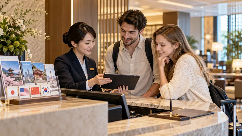 ホテルスタッフが外国人宿泊客にタブレットを使って案内している様子