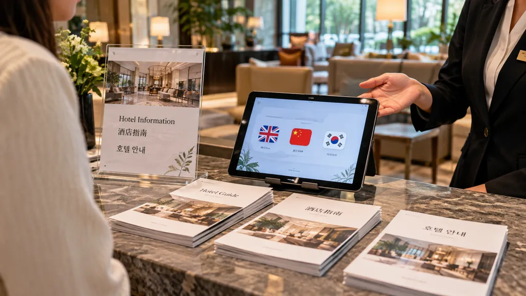 ホテルの受付に英語・中国語・韓国語の案内資料と多言語対応タブレットが用意されている様子