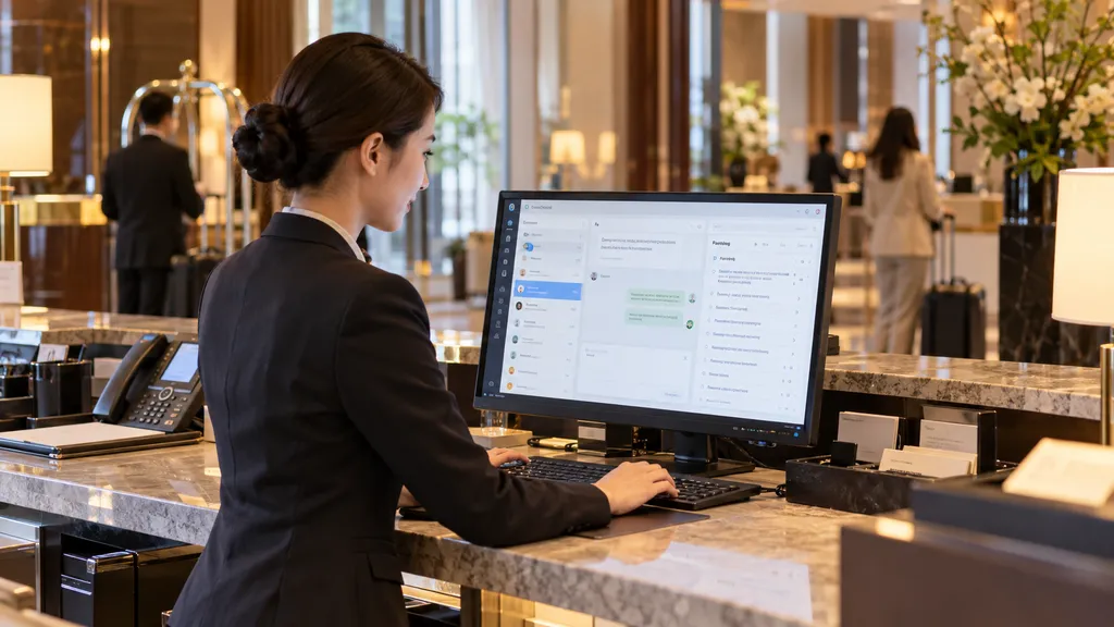 ホテルスタッフがフロントでPCを使い、チャットや問い合わせ一覧を確認している様子