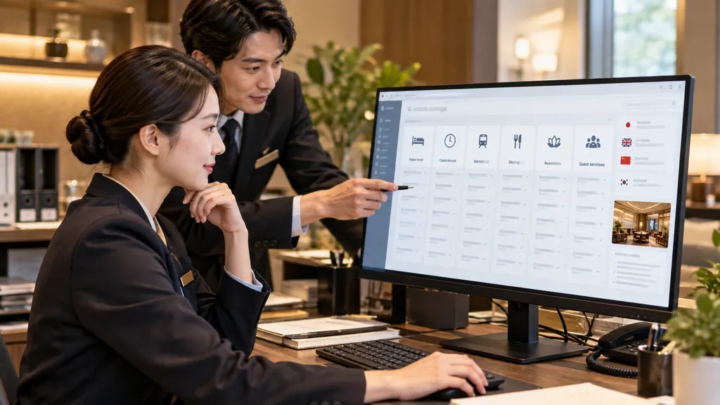 ホテルスタッフがFAQや施設情報をPC画面で整理し、問い合わせ対応用の情報を確認している様子