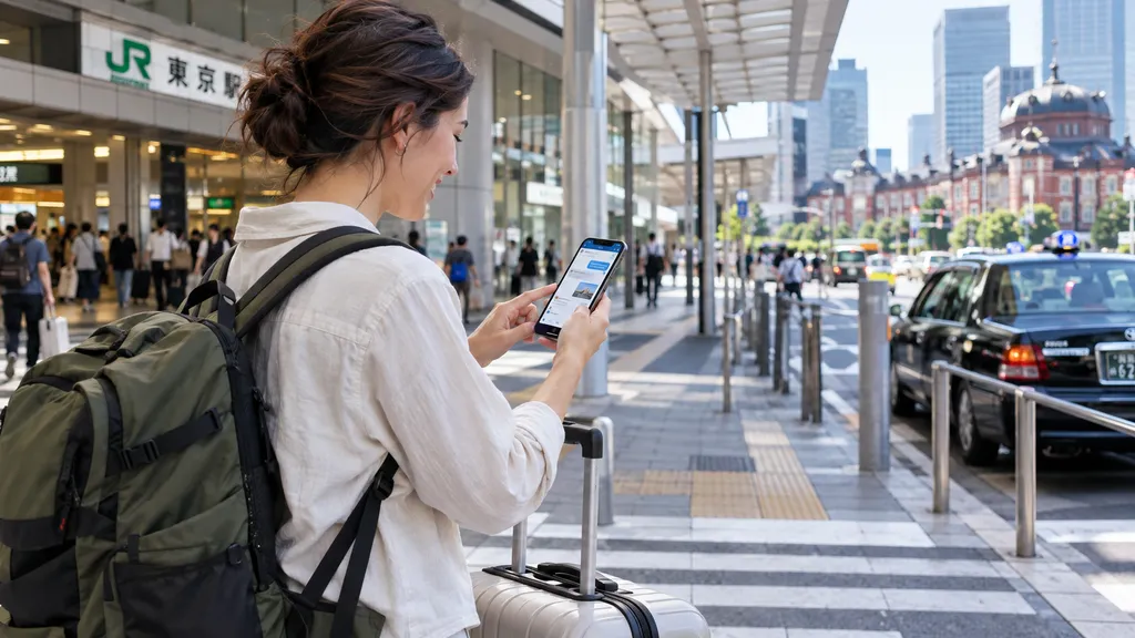 チェックイン前の外国人旅行客が駅前でスマートフォンを使い、ホテルへチャットで問い合わせている様子