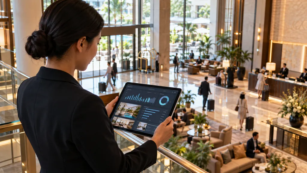 タ・アクセス分析	ホテルスタッフがタブレットで宿泊客の利用傾向やアクセスデータを確認している様子
