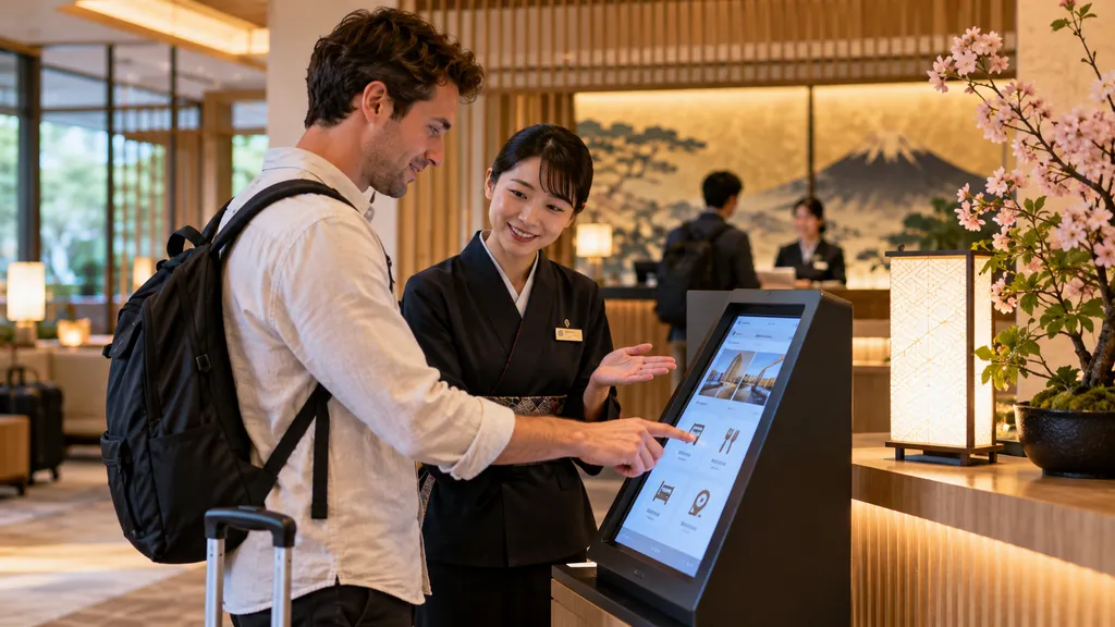 ホテルスタッフがデジタル案内端末を活用しながら宿泊客をサポートし、人による接客と省人化を両立している様子