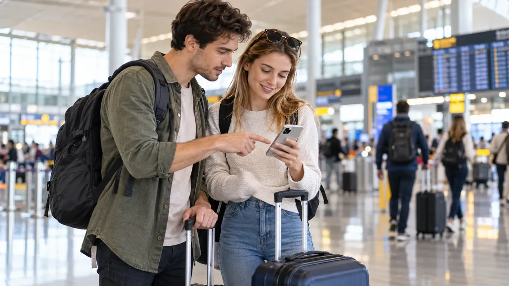 外国人旅行者が空港でスーツケースを持ちながらスマートフォンを使い、ホテルのアクセスやチェックイン情報を確認している様子