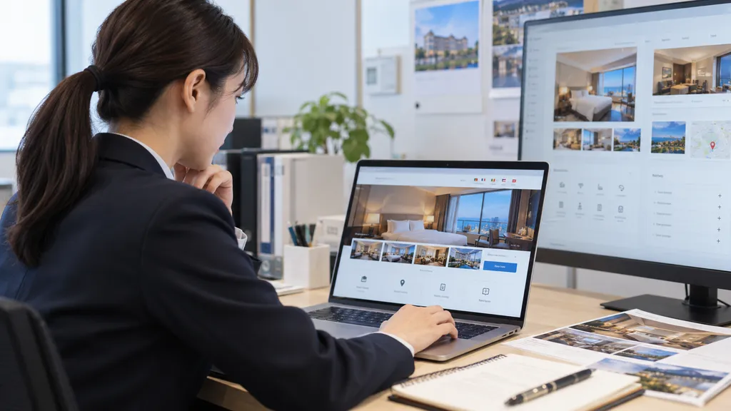 ホテルスタッフがパソコンで客室情報やアクセス、設備、予約案内などの公式サイト情報を確認・整備している様子