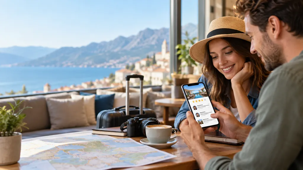 外国人旅行者がスマートフォンでホテルの星評価や口コミを確認しながら宿泊先を検討している様子